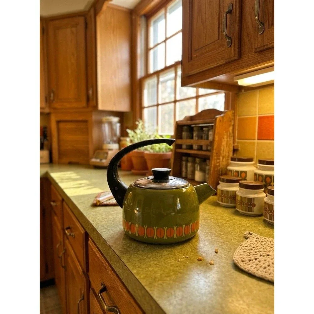 VTG 1960s enamel Teapot made in Austria Avocado Green - Orange Arching Handle
